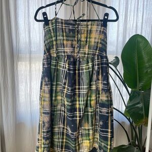 Lucky Brand smocked tie neck Dress in Green and Yellow size XL